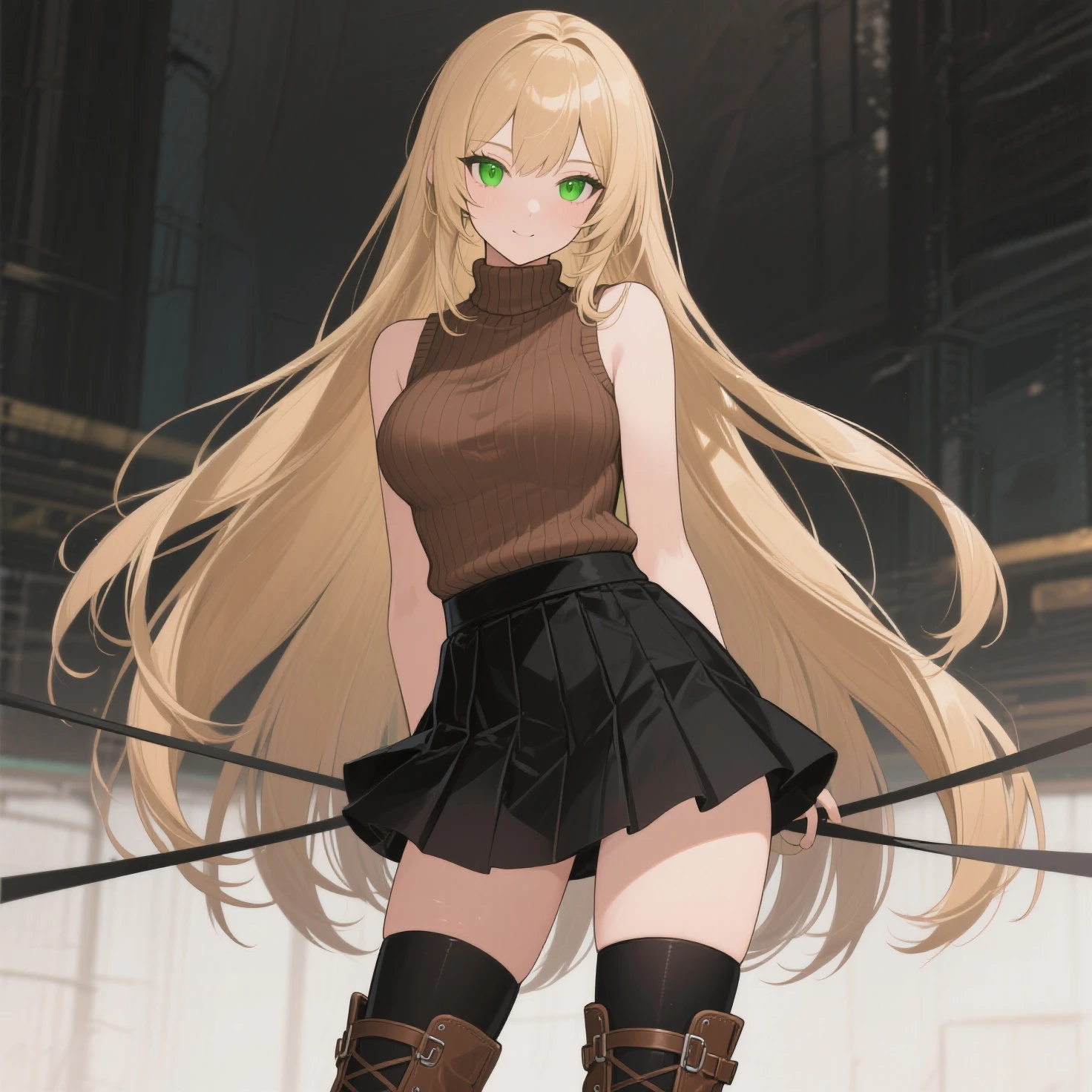 (best quality:1.2), 1girl, (fisheye, on side, confused, blonde hair, very long hair, red eyes, large_breasts, city), tank top, mini skirt, thigh high, boots,