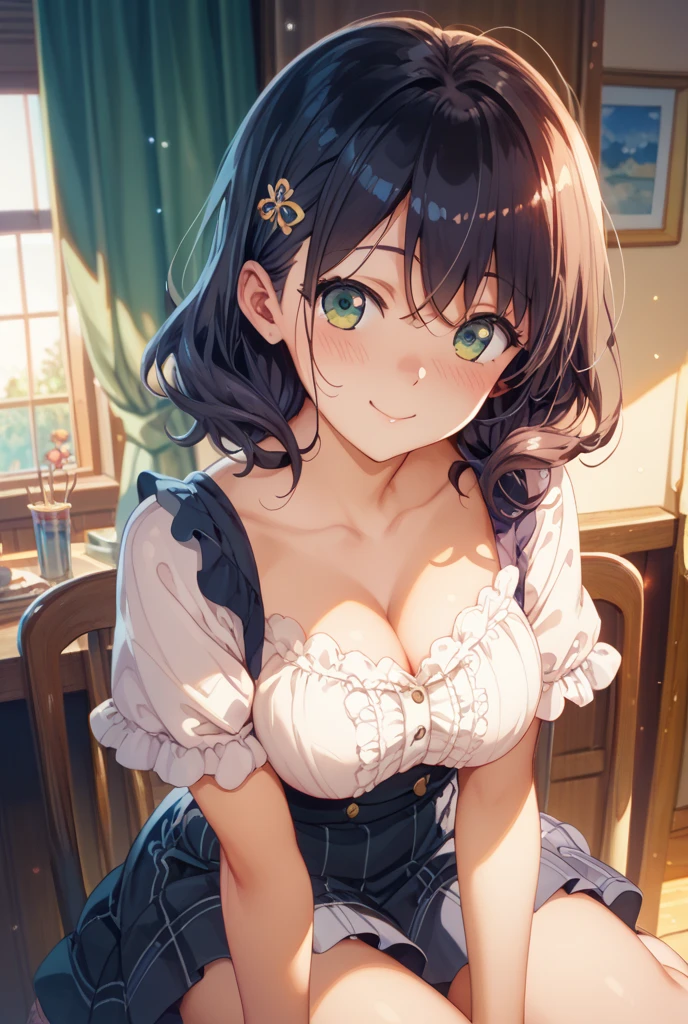 ultra-quality, ultla highres, Hyper Detailed, High contrast, Ultrafine Strike, creative refinement,A dark-haired,Green lingerie,ssmile,Green corset,Green Garter Belt,Show Pub,5 fingers on hand