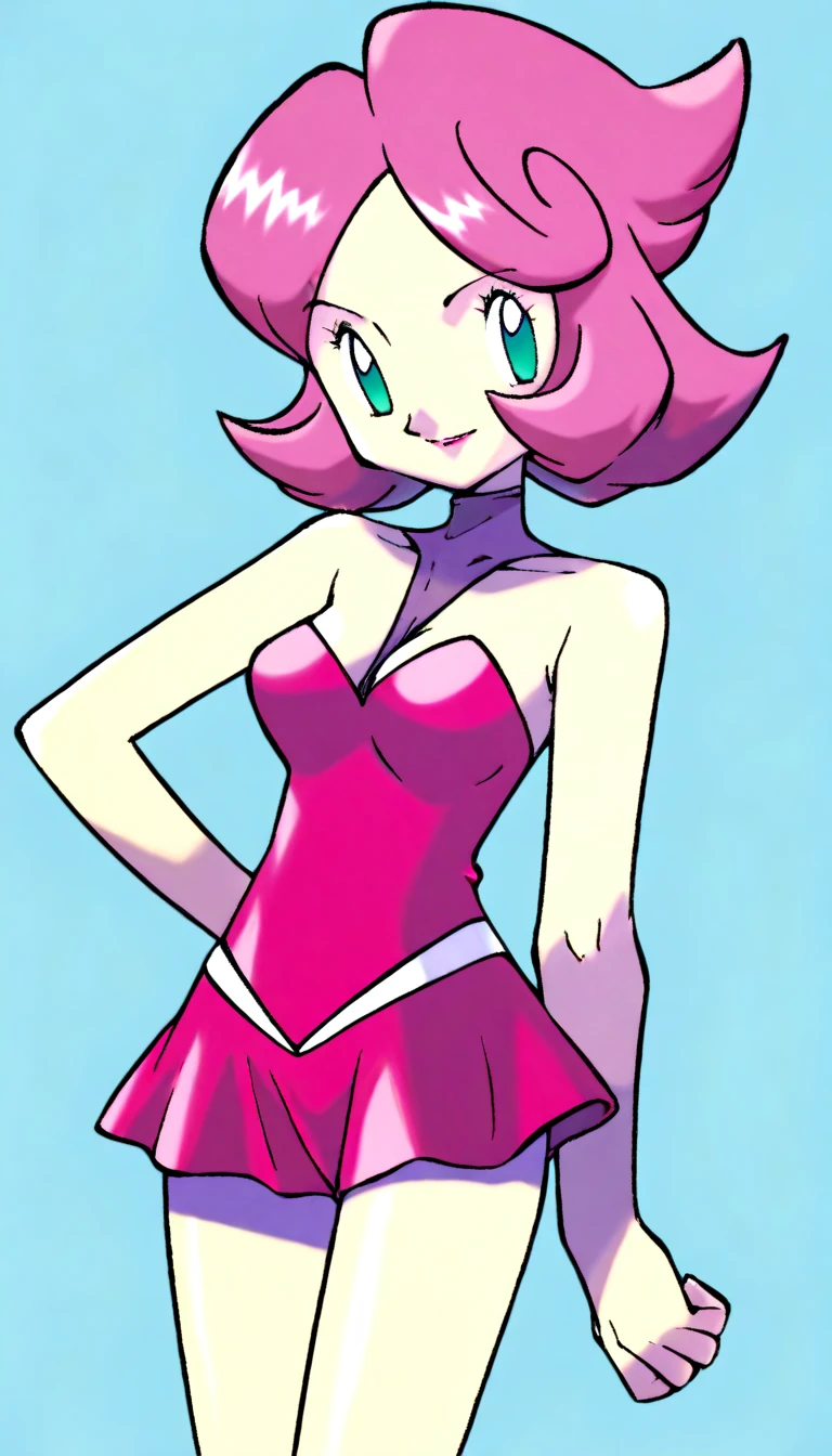 A teenage girl with an extra large chest, wavy orange hair, soft waves, long, green eyes, and a base of arm protection, wears a pink striped bra with a silver line, her metallic pink panties, and wide knee-high metal boots with magenta soles.