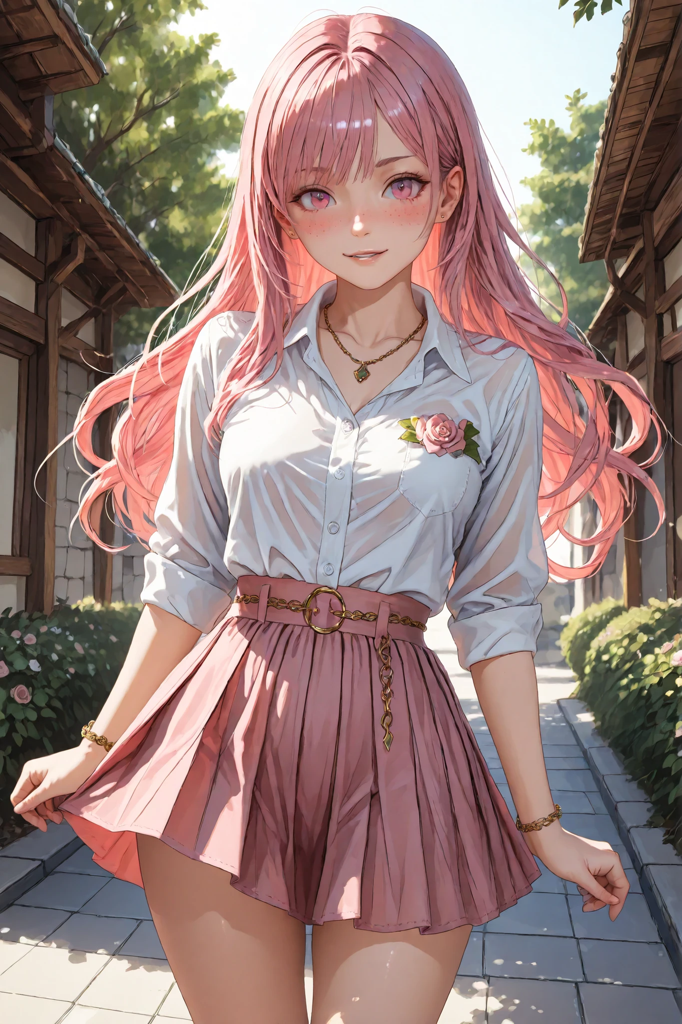 ultra high detail, 8k resolution, noise-free photorealistic ultra high fidelity slender woman with long flowing hair with each strand rendered in lifelike detail wearing a crisp white button-up shirt with neatly folded collar and subtly undone top buttons and sleeves rolled up to the elbows with soft fabric creases and sheen of silk texture and a high-waisted muted rose pink skirt with intricate scalloped lace hem and delicate floral embroidery with a slender ribbon belt tied in a small bow and a sheer chiffon underlayer visible beneath the skirt hem camera eye-level medium full shot framing from mid-thigh up with a graceful forward lean accentuating her slender figure with knees slightly bent weight distributed evenly and both hands clasping the gathered front hem of the skirt with fingers interlocked as the skirt billows outward and upward from a gentle breeze revealing smooth slender legs and delicate knees sunlit urban residential walkway scene with a paved sidewalk bordered by a low stone wall and lush green hedges and European-style wooden townhouses in the background bathed in warm afternoon sunlight with patches of dappled light through foliage photorealistic rendering with soft natural backlighting creating a gentle glow around her silhouette and subtle frontal fill light enhancing facial features realistic color grading cinematic quality shallow depth of field with softly blurred background her facial expression features a gentle smile with slightly parted lips and natural soft pink blush on her cheeks and expressive bright eyes framed by subtly arched eyebrows and natural light makeup with a hint of glossy lip sheen and minute freckles across the nose and cheeks she wears a delicate gold pendant necklace resting at her collarbone and small stud earrings and a slender gold chain bracelet on her wrist fine stitching visible on seams fine pleats at the shirt front realistic cloth tension in folds and micro textures on fabric surfaces the sidewalk shows tiny 