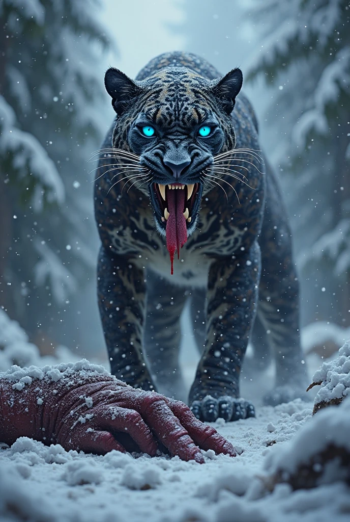 female, Snow leopard, white fur, emerald green eyes, killer, snow, blood, fierce, scary.
