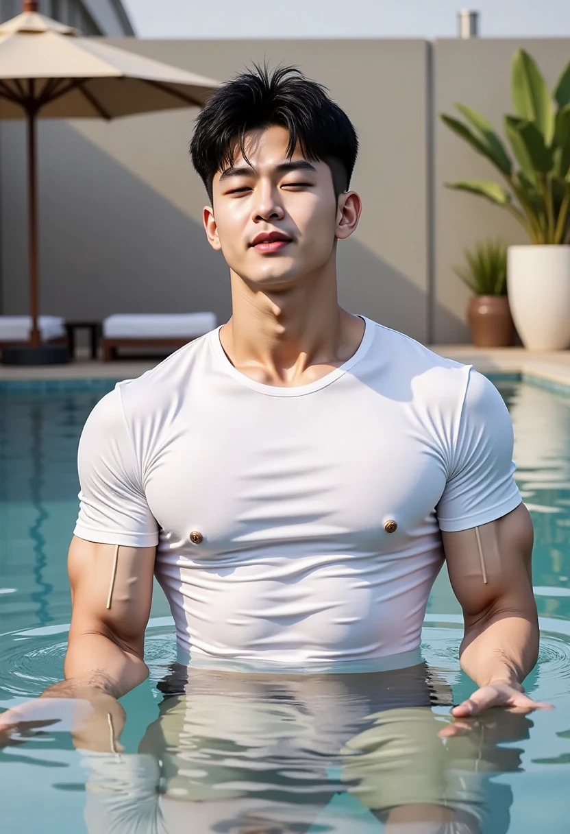 ((Man in the shower, Bubble bath, foamy)), Male, Tik, ,swim trunkusculature,short detailed hair。frontage,Sun-protective clothing,chest muscle,Abs