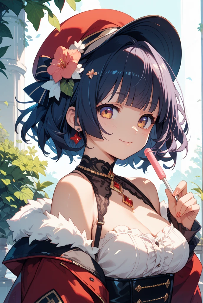 one woman,cat costume,dancing,tiny breasts,short of a person,cute face,drooping eyes,thin eyebrows,big eyes,smiling,flushed cheeks,bob hair,wave hair,outdoor,sky,mountain,flower garden,cat ears,anime style,masterpiece, extremely fine and beautiful,illustration