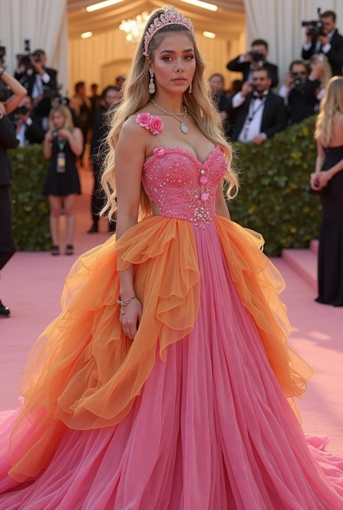 blonde haired woman with pink bow and pink dress posing for a photo, rosto bonito de cabelo branco, garota de cabelos brancos perfeita, Bela Delfina, retrato de Kim Petras, pale porcelain white skin, fairy core, ava max, Retrato de Jossi do Blackpink, com longos cabelos brancos, com cabelo branco, com cabelos longos brancos, pale milky white porcelain skin in a pink dress standing on a pink carpet, usando um vestido de baile rosa, com gala, vestido volumoso caro, vestido lindo vestido, dressed in a vestido rosa, extravagant dress, usando vestido floral rosa, Vera Wang Alta Costura, Oscar de la Renta, vestido de baile rosa brilhante, * * * * *, wearing a magnificent dress, vestido rosa