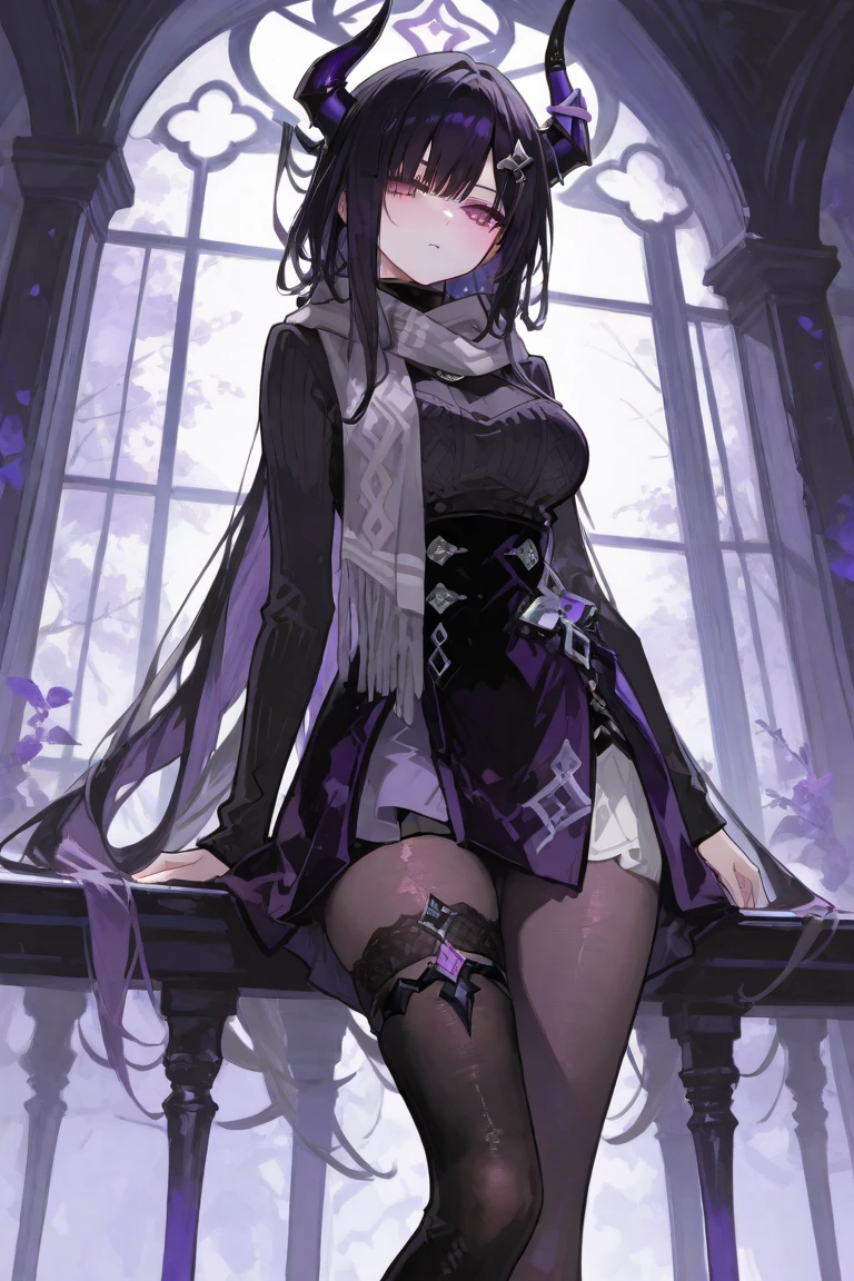 One girl, masterpiece, best quality, fair skin, beautiful girl, purple extensions, black hair, purple skirt, black tights, sitting on a grave, anime