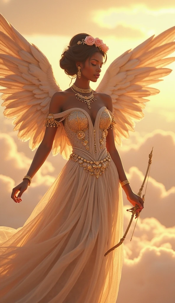 (medium full shot) of (ethereal angel with feathered wings and an angel halo) young woman, slim build, medium blonde bun hair, south african, dark skin, hazel eyes, wearing a diadem adorned with sparkling gemstones, heavenly pink seraphic robe with celestial symbols, sheer stockings, ivory ballet flats, holding a glowing vial containing stardust, set in divine temple, Heavenly Gardens, Serene outdoor space with lush greenery, fragrant flowers in bloom, winding pathways lined with statues of celestial beings, inviting benches for contemplation, a gentle babbling brook flowing through the center , at sunset, woman smiling, detailed face, ,Masterpiece,best quality, raw photo, realistic, very aesthetic