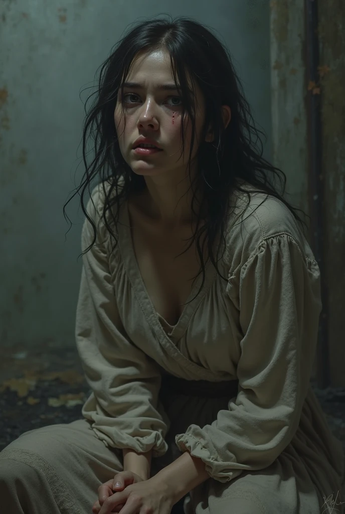 Arya stark, bare feet, ripped clothes, tortured, crying, bleeding