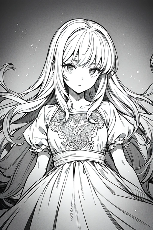 {8k image}, 1woman, 30 years old, mature face, big gray hair, medium breasts, wearing a knitted blouse, {face portrait}, {close up on the face and chest}, {perfect anatomy}, manga lineart, extremely detailed line art, {manga Splash page}, {light reflected to the left}, monochrome