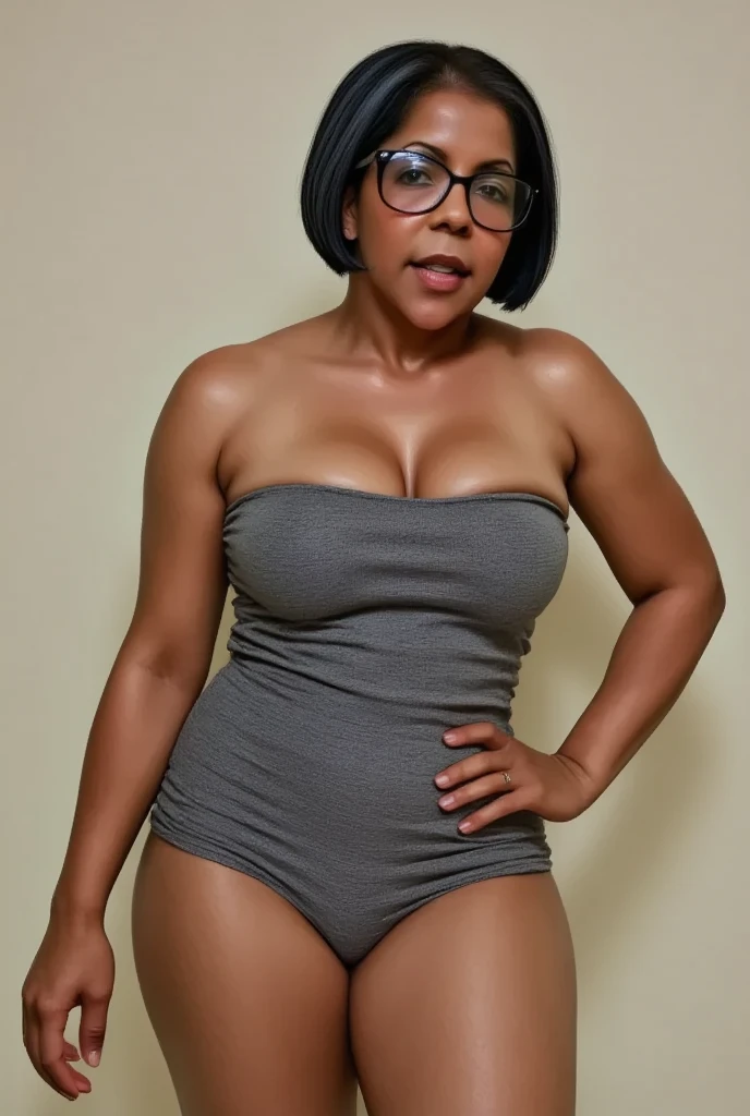 mature woman 37 years old ((Dominican)), Full body, perfect curved body (dark skin: 1.9), short black hair with some gray and curly, reading glasses, curvy body (beautiful Latina, dark skin)) nsfw, beautiful latina, ((thick thighs)) thick ass, (thick legs), beautiful, beautiful mature woman, rating_explicit, maid very sexy, black hair, short hair,Very seductive pose and daring look seducing viewer, naked, nsfw, Shot with Sony Alpha A9 II and Sony FE 200-600mm F/5.6-6.3 G OSS lens , natural Light photography, hyperrealistic, ultra detailed –Ar 3:2 –Q 2 –S 750