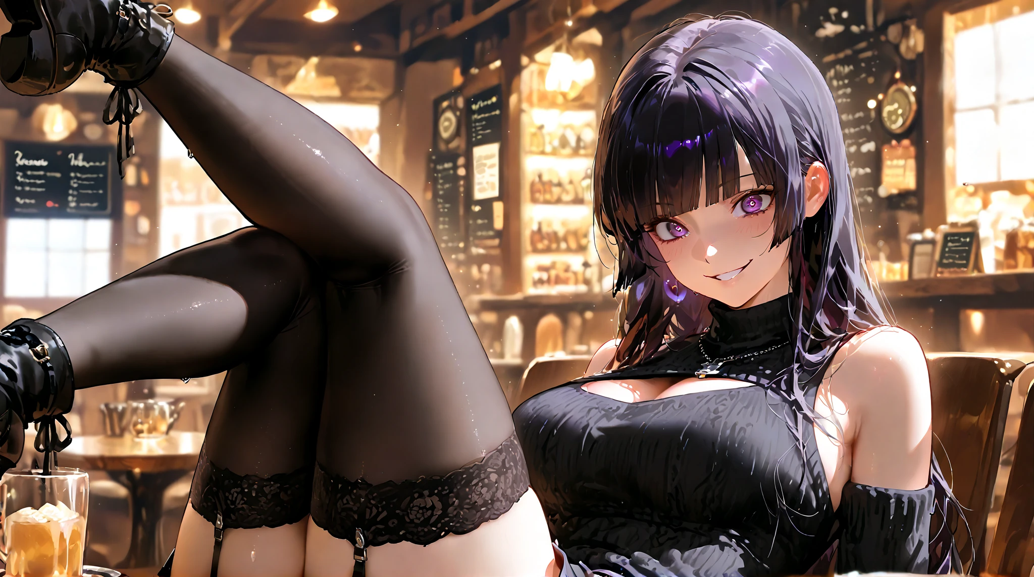A beautiful woman in lingerie top and denim shorts, smirk, (straight long black hair), earrings , ((black top)), (((Extremely Realistic))),FilmGirl, sexy pose, (thighs, hands), sitting,Extremely Realistic,Split_Pose, (legs), ,photorealistic, bedroom , hourglass figure , very detailed, ((blush))