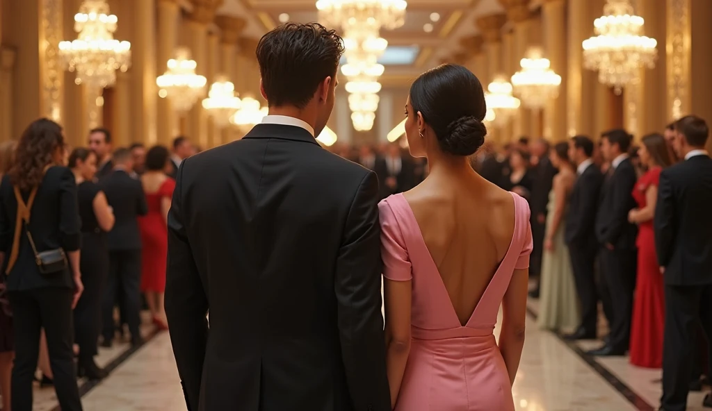 A couple holding hands walking into a party, she is brunette, hair tied up elegantly and a beautiful gray shiny dress. He is wearing a light beige silk blazer, with textures.