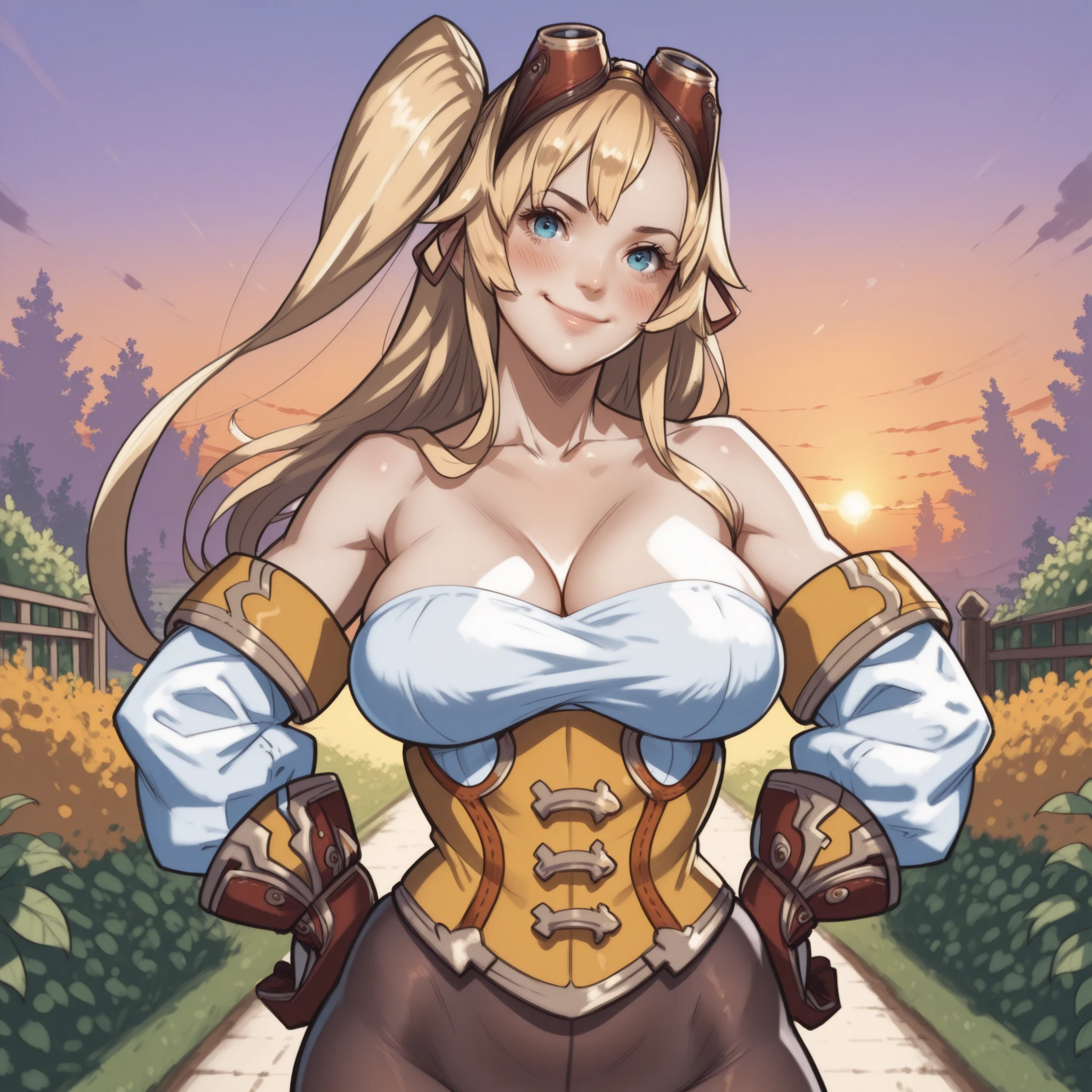 1girl, solo, realistic, (blush, sexy, covered eyes, large breasts, wide hips, broad hips, smile, sexy, head tilt, tilted head, standing, hands on hips), looking at viewer, Ramona Dragalia Lost, long hair, ponytail, blonde hair, blue eyes, googles, googles on head, large breasts, cleavage, detached sleeves, corset, pantyhose,
upper body
BREAK, Masatsugu Saito, Garden, sunset, orange sky, purple sky,