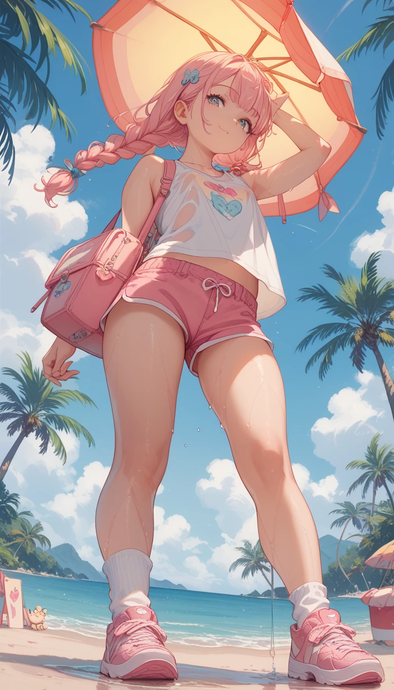 Make a woman, wearing no shirt, with the bra torn, running on the beach, with white hair, in the pink hair pieces, at the bottom she is wearing a mini leather cause like an open top