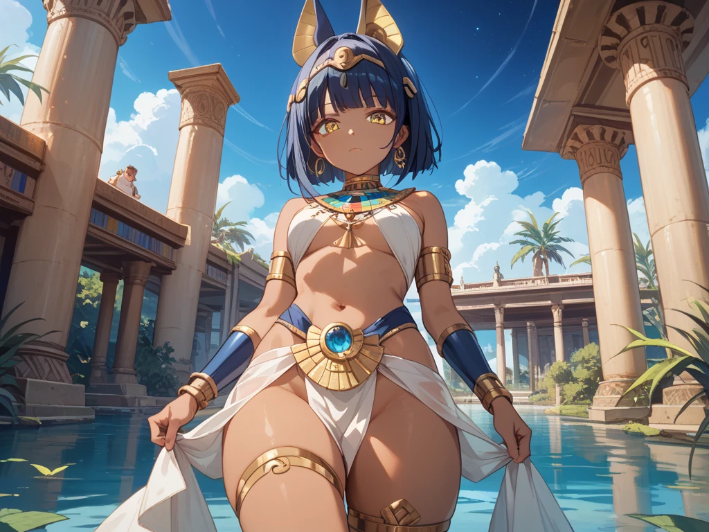 Anime Egyptian half Panther half woman, Short blue hair, blue furry skin purple eyes, golden earrings rings Golden Bikini armor, golden bracelets, golden belt with white loincloth, blue bare legs, blue panther cat ears, long blue panther tail holding two big swords. desert background