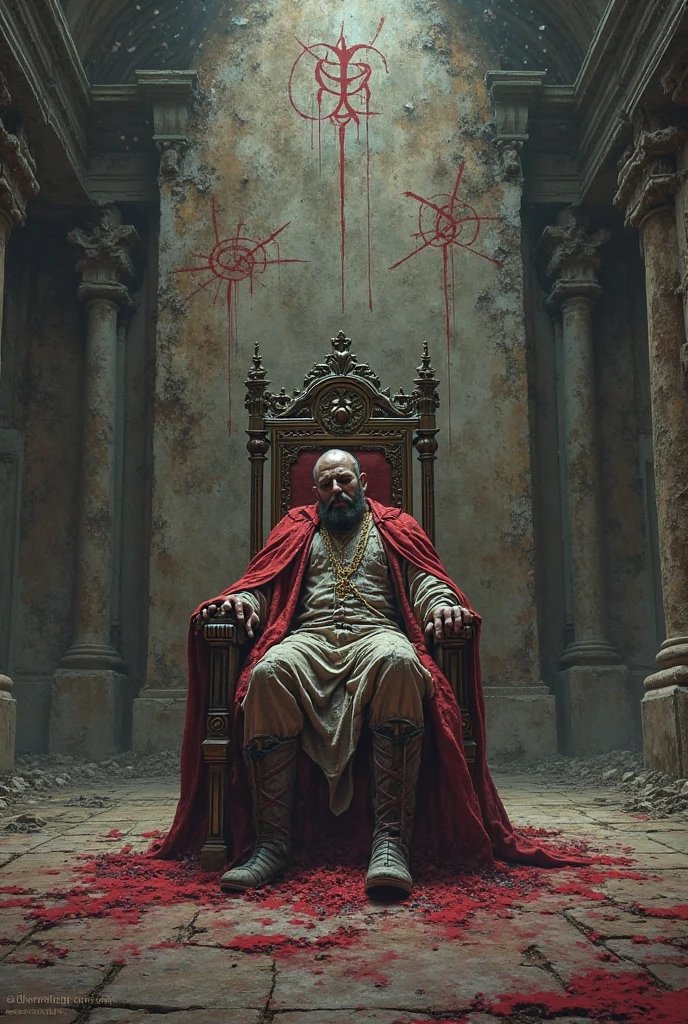 a weakened emperor sitting up in bed, vomiting blood, with bloodstains on the bed and the emperor's chest, the groin oozes milky white mucus. Chinese style