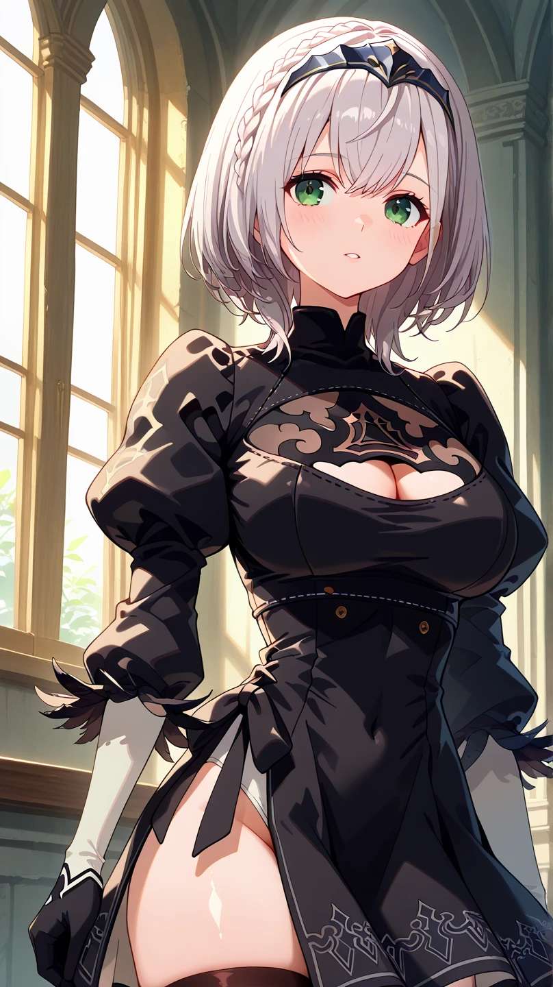(Highest quality, High resolution, Very detailed), Silver Hair, Super short hair, Reddish brown eyes, gothic lolita, Large Breasts, 24th generation, Beautiful woman, mature, quiet, Calm, A small smile, ruins,