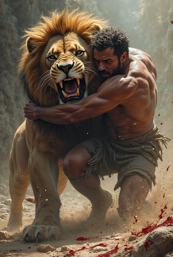 Mोनू using his strength to wrestle with the lion, keeping it occupied and away from the village.