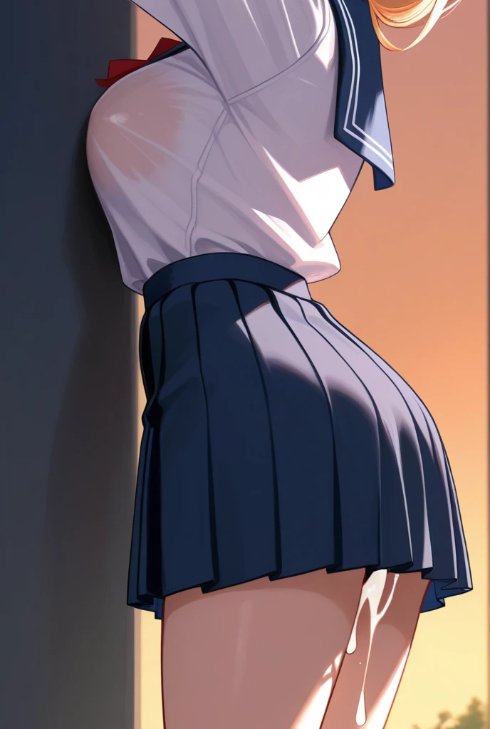 a blonde girl, with blue eyes, wearing a , short skirt, lifting her skirt with her hand, from behind, bending over, looking back, showing her ass