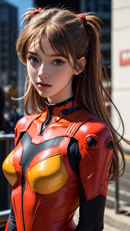 (Masterpiece: 1.4, highest quality), (intricate details), Unity8k wallpaper, super detailed, beautiful and mysterious, detailed background, realistic, solo, perfect detail face, detailed blue eyes, very detailed, blush, hair ornament, chignon mahogany hair, (blonde hair), plug suit 02,Shikinami Asuka Langley, Evangelion, slender , full body suit, black background, Above the waist
