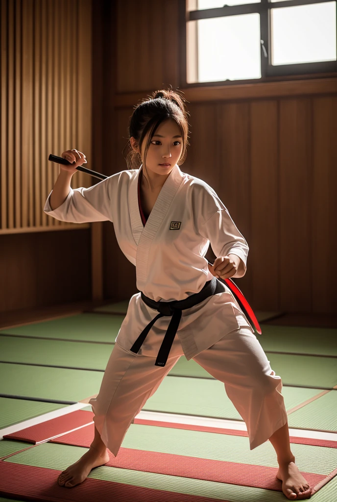 Best image quality,highest quality,masterpiece,4K,8k,highest quality,女性karate,in a karate道場ring, She's ready to fight, Chudan Gyakutsu pose, karate, Young Japanese Woman, Japanese Girls,karateの道着,Wear pants,Black belt,karate大会、whole body、Big Breasts
