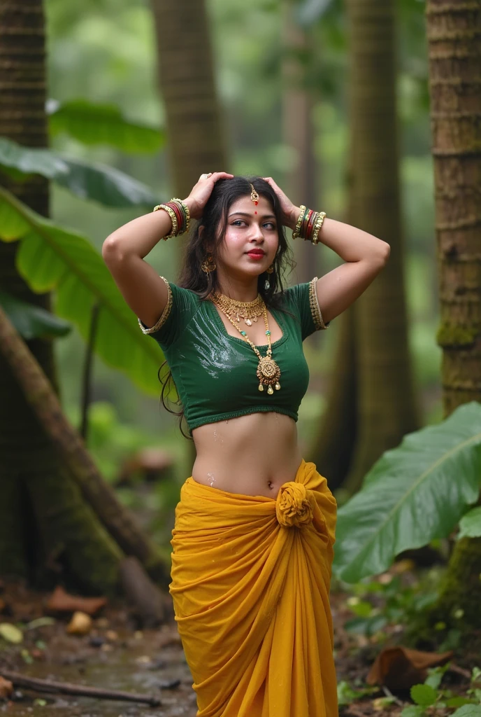 29 year old indian busty girl  higly sweating  and wanders in the forest with her bare body wrapped in a Yellow Transparent saree 