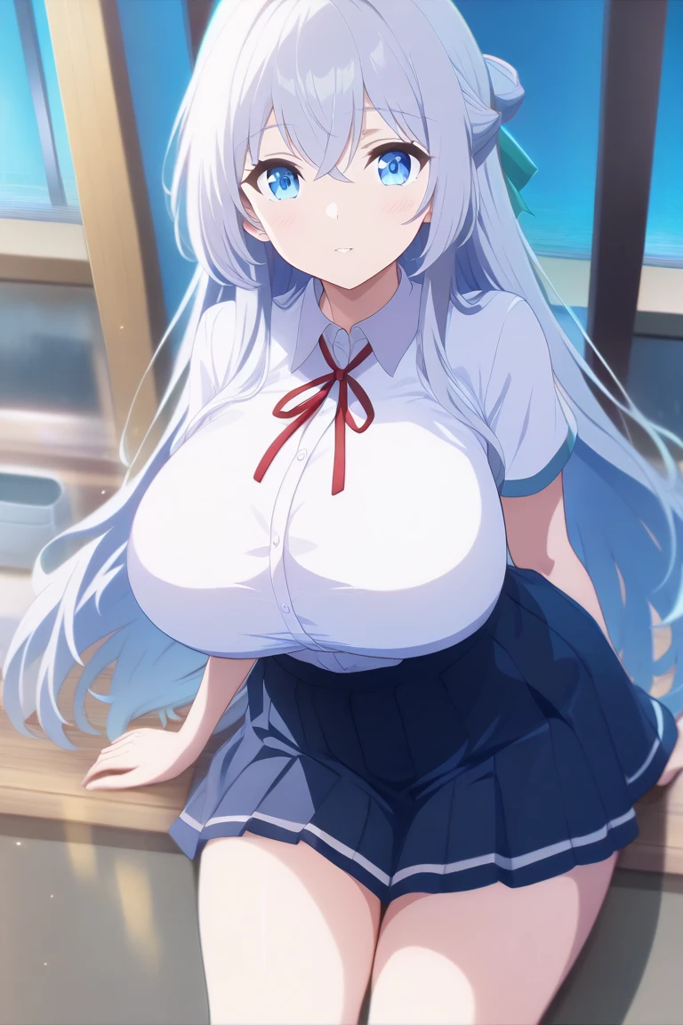 One Naked Girl、Wearing a sailor uniform、only one naked、Crouching on the main street、Wide-open legs、Knees up and legs apart、Spreading her legs、Light blue hair、blue eyes、Large breasts、Nipples、Have dead eyes、Feeling embarrassed、Blushing、Are crying、Look down、Wearing green panties、Low-rise panties、Daytime view、Being tied up with hands behind back