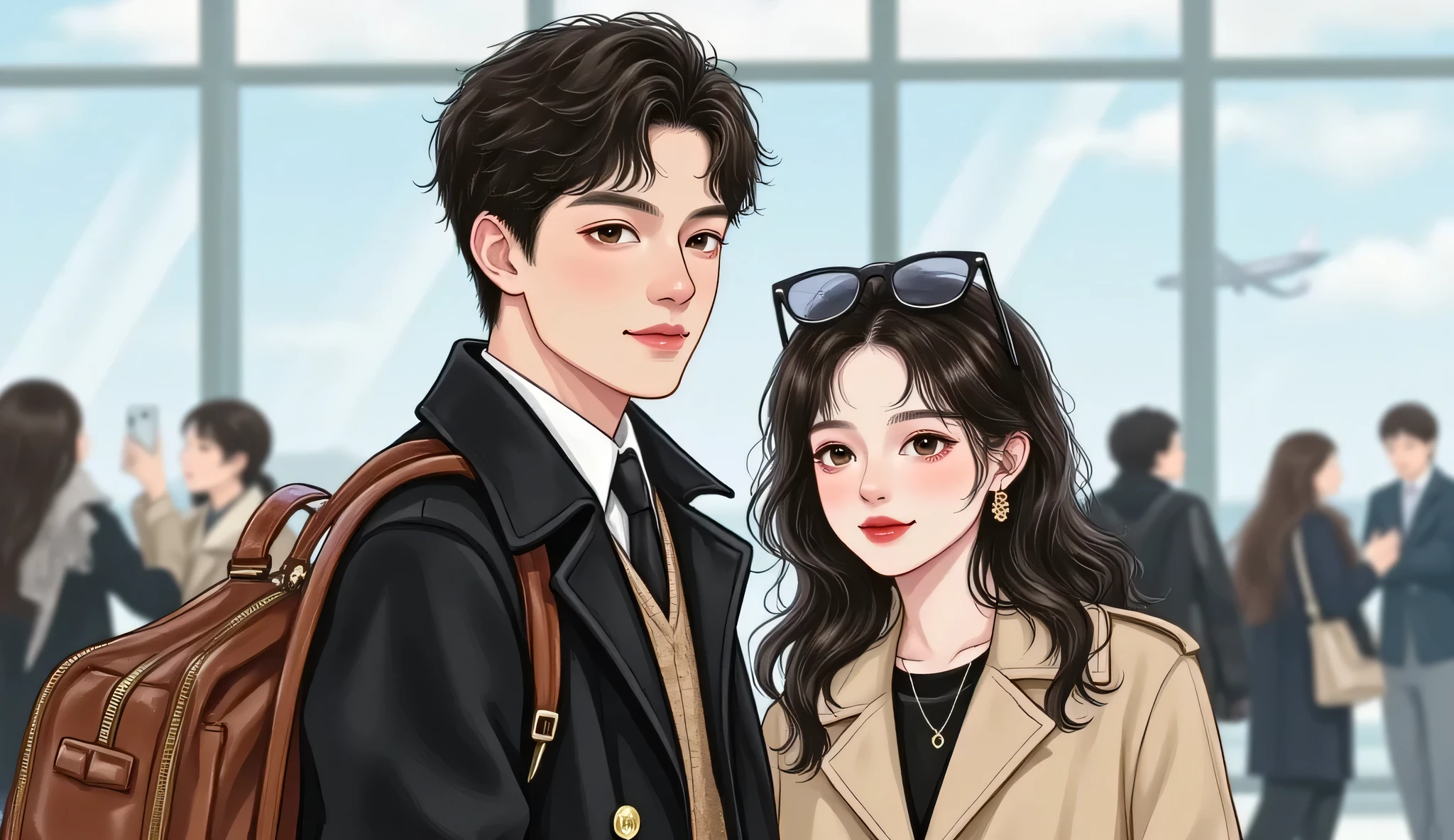 A close-up of a stylish couple at a modern airport terminal: the man is a tall, handsome CEO in a dark trench coat, carrying a leather briefcase, sharp features, calm and aloof expression; the woman is a beautiful fair-skinned lady with long black hair, red lips, soft Douyin-style makeup, wearing a beige overcoat and sunglasses pushed up on her head. Soft natural lighting, glass background with blurred passengers, semi-realistic manhwa style, composed and elegant atmosphere