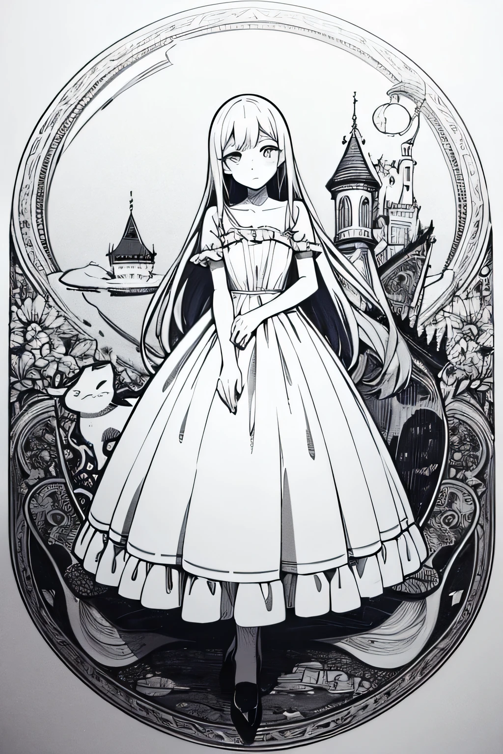 Deformed anime-style girl、in an Alice in Wonderland style dress、Monochrome line drawing、no background、Delicate Expression、Dreamy Atmosphere、high resolution、Ultra Fine Textures、Professional illustration、precise technique、Delicate shadows、Fantastic colors、Full body painting