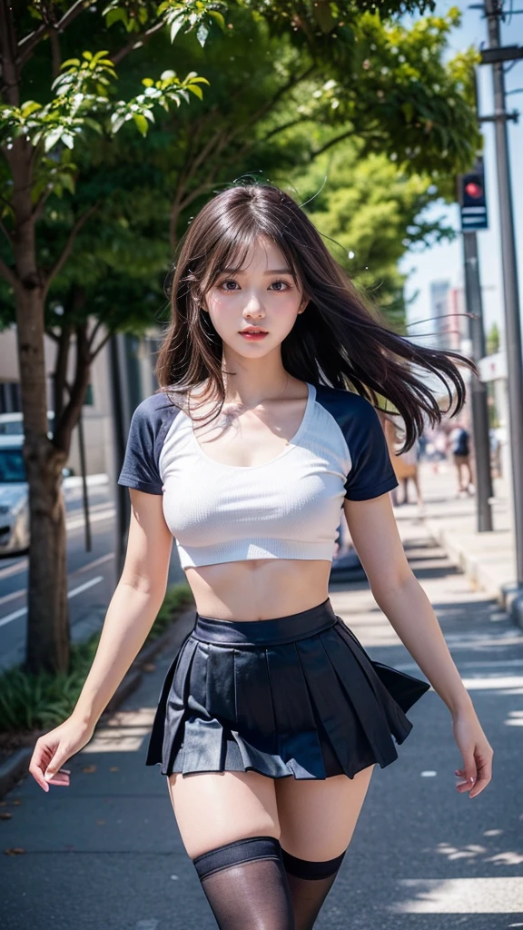 (masterpiece, realistic, high resolution), ((1 girl): 1.2), Korean, ((white wavy hair): 1.3), (heterochromic eyes: 1.1, thick eyebrows,), (white hoodie), ((medium breasts): 1.2, small waist, thigh), catwalk, masterpiece: 1.2, best quality), realism, (real pictures, rich detail details, depth of field), (1 girl, solo), makeup, high detail, perfect face shape, (: 1.4), (skin dents), thick thighs, wide hips, thin waist, high, coral, red lips, red eyes, ponytail (girls, shallow tulle, tulle transparent), (sweat: 1.2), (wet), sexy, blush, (shy expression), tank tops, suspenders, belly pockets, shorts, yoga pants, tight short skirts, tight shorts, stockings, fishnet socks, pajamas, pleated skirts, skirts, hip skirts, flowers on clothes,
