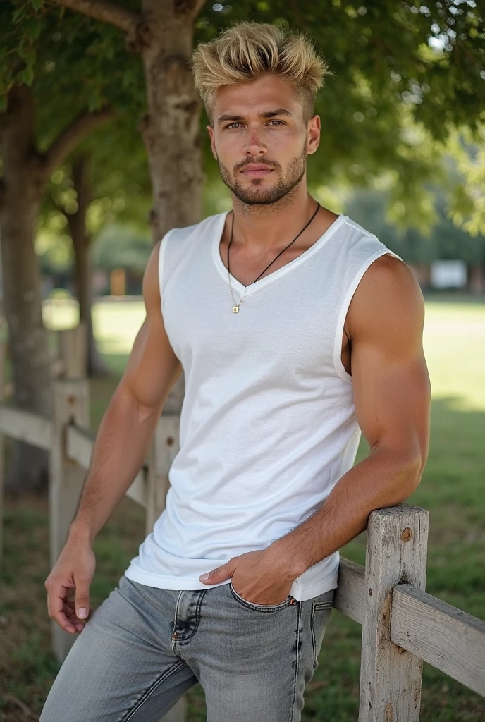 photo of jjperson <lora:josh_joyce-11:0.7>, relaxed-natural-setting, soft-natural-lighting, wearing a (full-length v-neck t-shirt) and ripped-jeans, standing in an urban-park, warm-inviting-aesthetic, wearing cross necklace, soft natural lighting