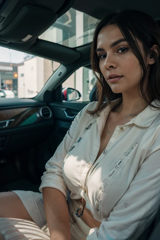 brown haired girl, latin american, wavy curly hair, soft green eyes, wearing a , sitting in a high class car, wears a business outfit, photorealistic style, high contrast light, maximum detail, cinematographic image, maximum detail, professional lighting, Sony A7III camera, 50mm 1. 8 lens, curly hair, brown hair, smile, close-up, cinematic lighting, textured skin, 8k, masterpiece, anatomically correct, textured skin, 16k