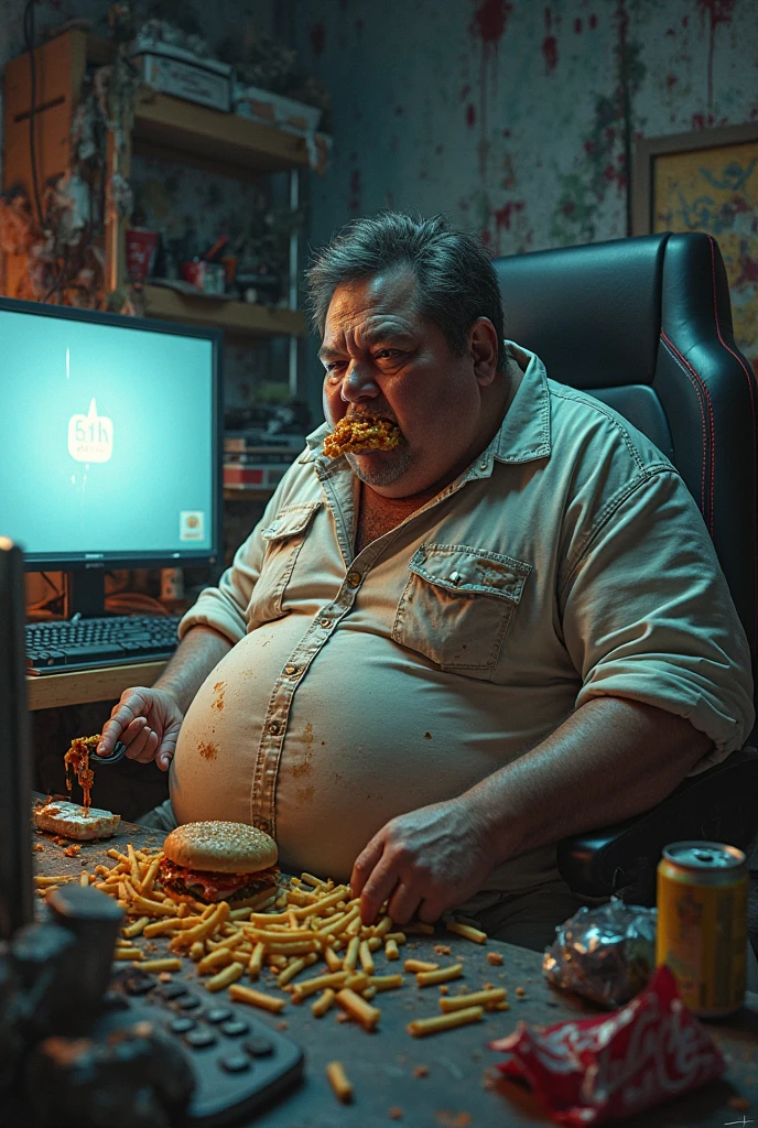 Make a 40 year old morbidly obese man who has his hands full of cheetos who is all greasy who plays league pd legends who has a black neck who has his room full of anime posters who is called chok But who is playing ay that is also full of pizza boxes his room And that his room is full of socks and dirty clothes and that his room is dirty who is shirtless and who has a tender face and who wears glasses