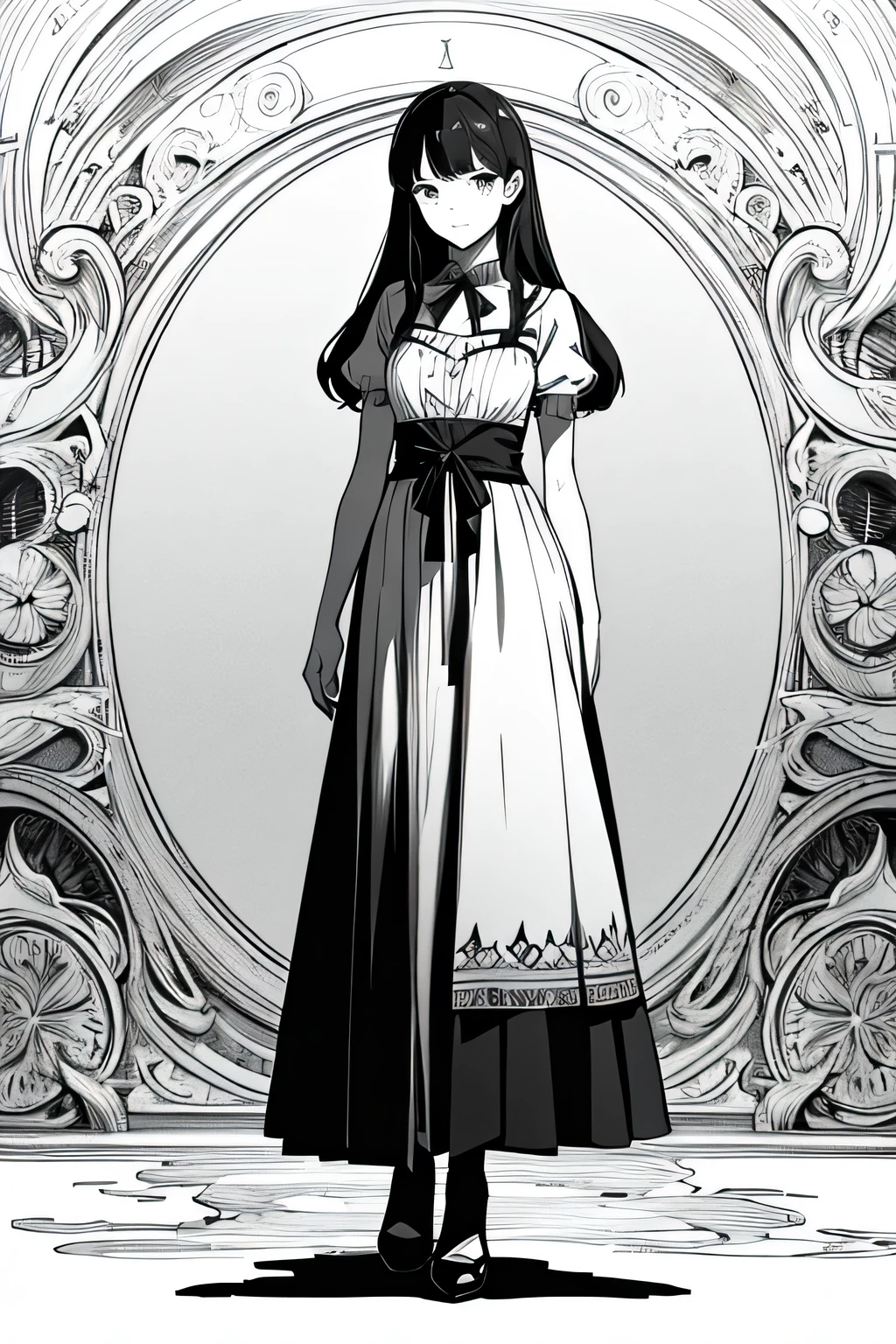 Deformed anime-style girl、in an Alice in Wonderland style dress、Monochrome line drawing、no background、Delicate Expression、Dreamy Atmosphere、high resolution、Ultra Fine Textures、Professional illustration、precise technique、Delicate shadows、Fantastic colors、Full body painting