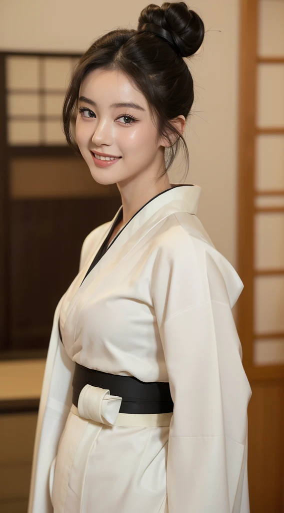masterpiece, Highest quality，16K, Ultra-high resolution，The light and shadow of reality，Cinema Lenses，((Very skinny))、((Her waist is so slim and beautiful)),((High nose、Small Mouth)),((Clean and slim face line)),((Big dark eyes with long eyelashes)),((Very small face))((Very slim and beautiful arms)),((She is very slim and has a great figure)),((Pure white beautiful skin)),((Cute Japanese Girls)),(((Wearing a black long-sleeved yukata))),((Sitting on a bench in a stylish cafe)),（Sexy pose),(Beautiful Eyes:1.1)，Reflecting clear eyes and a gentle smile,