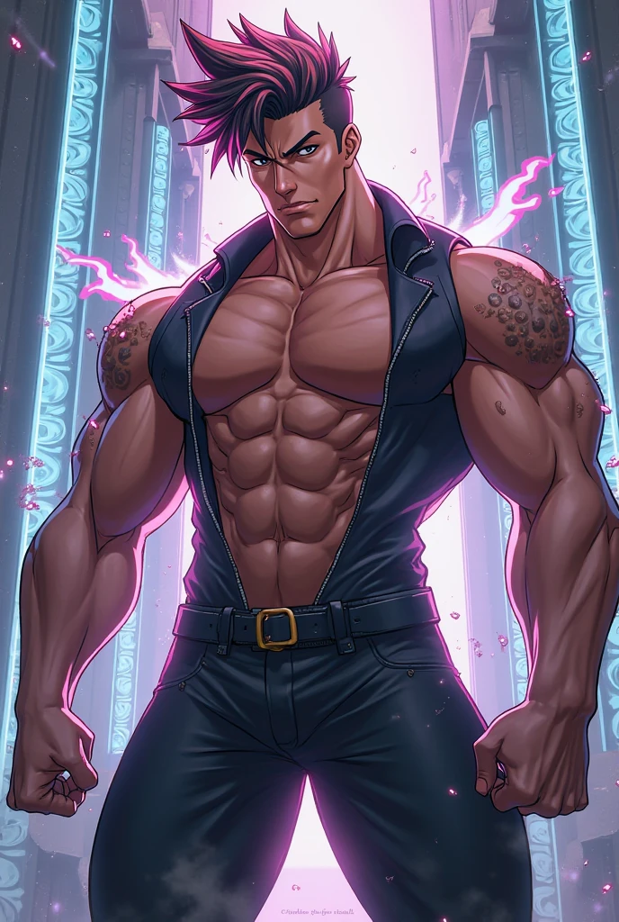 A young man with short gray hair, completely white skin, pale skin, resolute eyes, handsome face, serious expression, a metal collar around his neck, his upper body is bare, a slender yet muscular build, a purple demon tattoo is on his left shoulder, a black and white belt, cloth trousers, emitting a purple aura, he stands in a mining valley, the ground around him glowing red and cracking open, this character embodies a finely crafted fantasy-style slave warrior in anime style, exquisite and mature manga art style, dramatic, high definition, best quality, highres, ultra-detailed, ultra-fine painting, extremely delicate, professional, perfect body proportions, golden ratio, anatomically correct, symmetrical face, extremely detailed eyes and face, high quality eyes, creativity, RAW photo, UHD, 32k, Natural light, cinematic lighting, masterpiece-anatomy-perfect, masterpiece:1.5