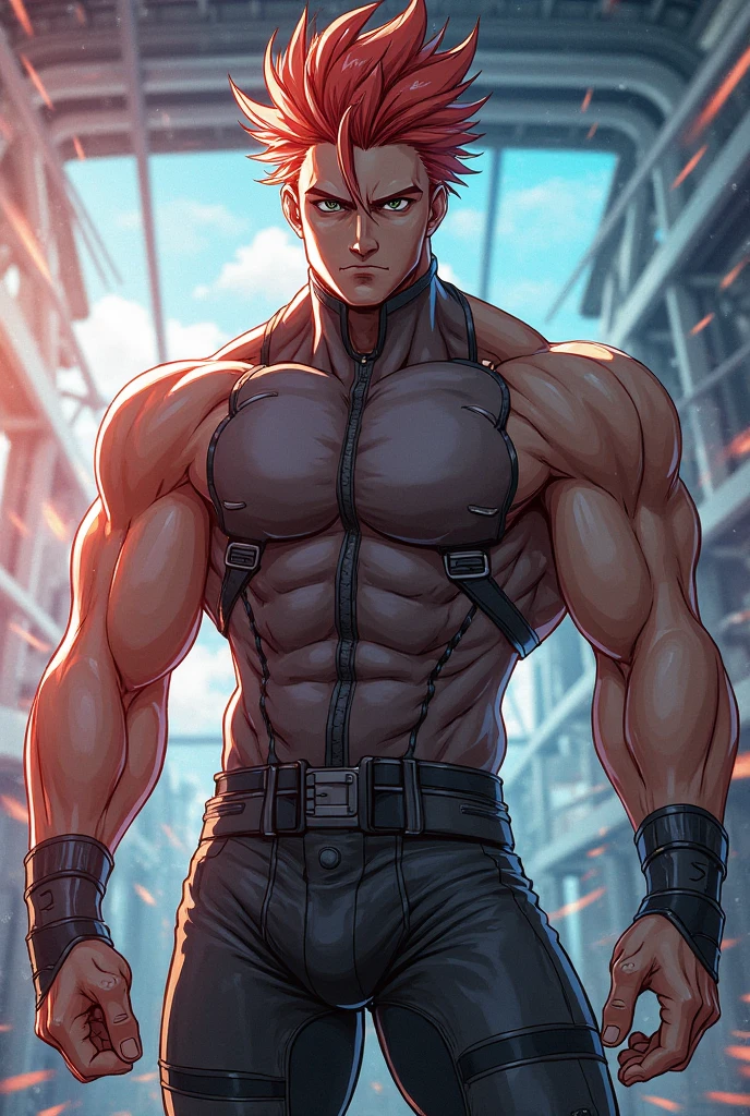 A tall muscular boy , Naked , Legs spread , impact , Sweaty , Wet , Seductive , Bigboobs , large bulge ,8 pack abd, rainbow hair, lightning big balls ,  ripped clothes look from down , From the knees , big assa，mechs，Punk style, extremely masculine muscular man,