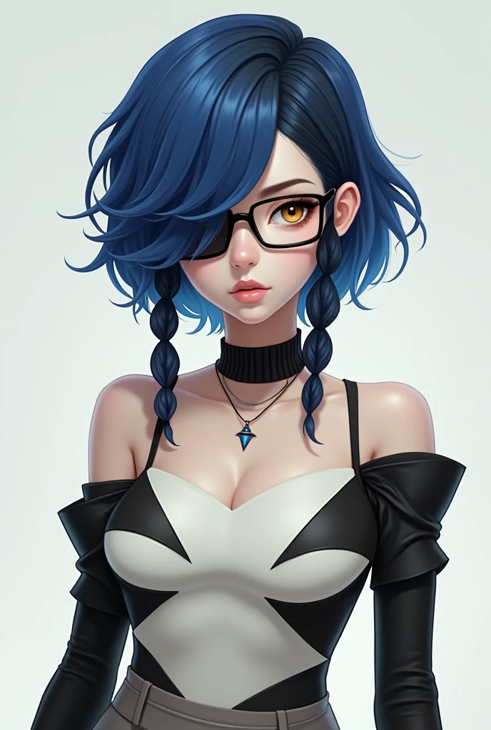 red short hair, petite, blue eyes, black glasses, tuxedo