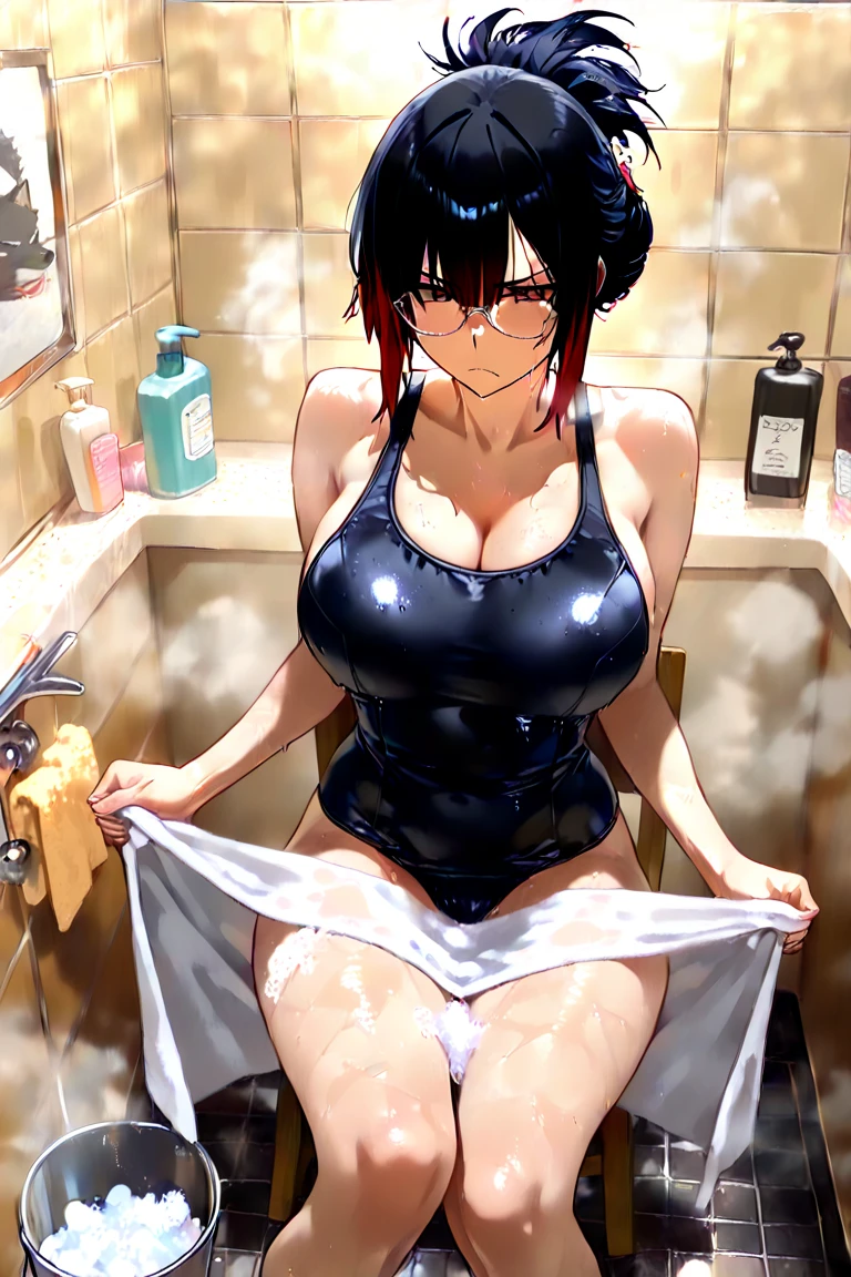 mature female, mature, Adult, himeno, himeno(Chainsaw Man), black hair, short hair, eyepatch, latex purple leotard, 1girl 1boy, age difference, naughty face, seductive smile, (girl on top), (hetero), sweat, full body, oiled, lotion drip, excessive lotion, lotion string, rubbing lotion on body, lotion bottle, pussy on top of penis, motion lines, penis between pussy cleft:1.3, lotion pour on penis, lotion bottle, holding bottle , nsfw, Villains, wet, blush, aroused, in heat, shower room, night, Dark, lying, dramatic angle, unique perspective, unique angle, masterpiece, Top animation quality,Top image quality,
