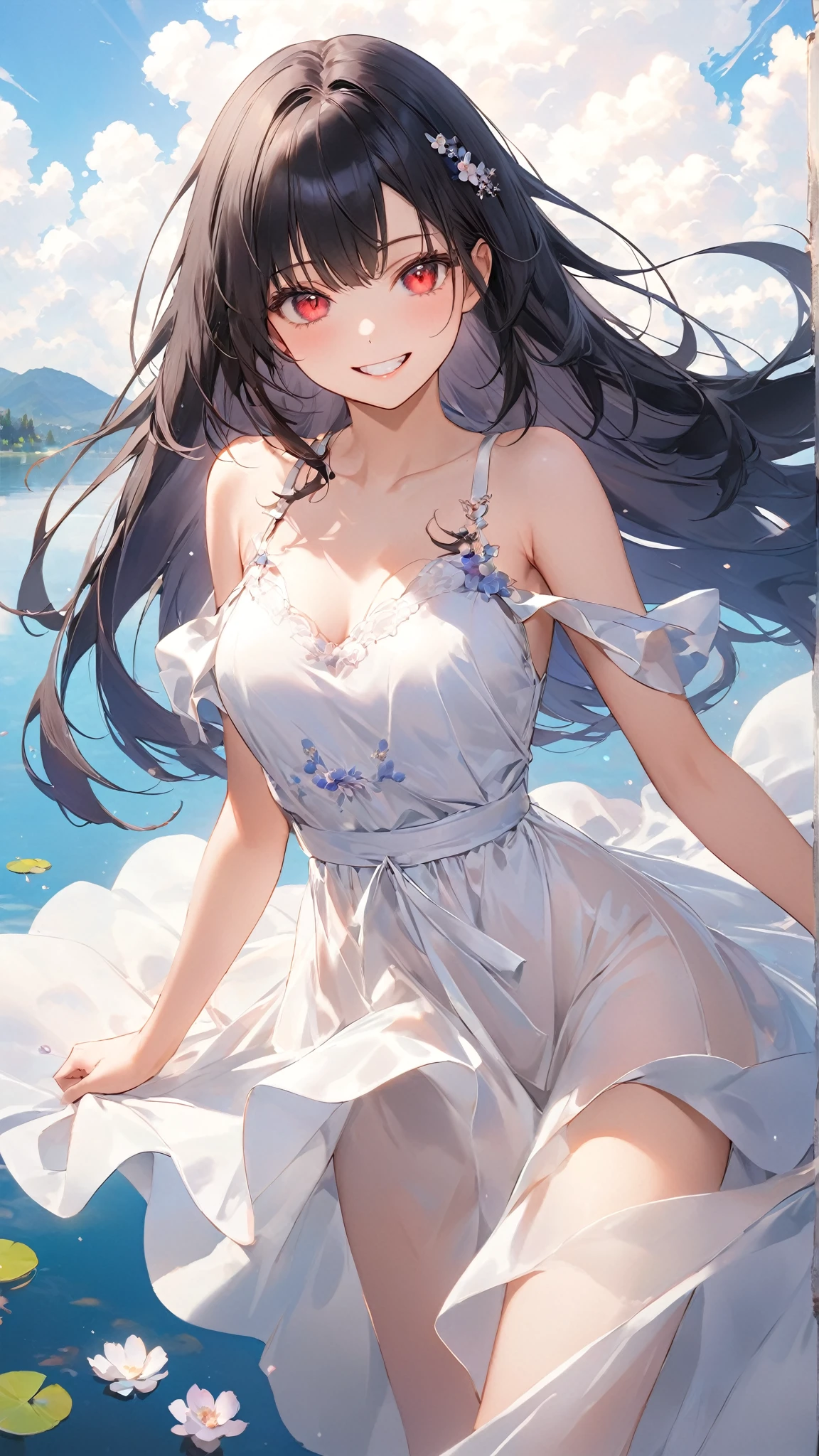 A serene and beaming young woman with a warm, gentle smile, exuding an aura of tranquility and contentment, her bright, expressive eyes sparkling with joy, her smooth, porcelain-like skin glowing with a subtle golden undertone, her raven-black hair cascading down her back in luscious, soft waves, framing her heart-shaped face and accentuating her delicate features, set against a soft, dreamy background with hints of creamy whites and pale pastels, subtly gradating into a soothing blue-green hue, evoking a sense of calmness and peacefulness, with a shallow depth of field, blurring the surroundings and drawing the viewer's attention to her radiant, peaceful presence.