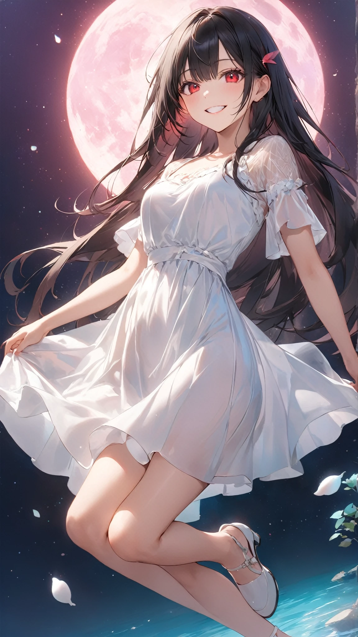 (masterpiece:1.5, Highest quality, Very detailed、 Dutch Angle、Semi-Realistic、Fantasy)(One girl, alone)(White and beautiful hair:1.4,,Straight Long Hair)(White based dress)、((Off the shoulder、Medium Chest、ruby necklace))(from backside,Legs wrapped in tights)(Beautiful starry sky、Mystical Night、Particles of light float around the woman、Fantasy space)