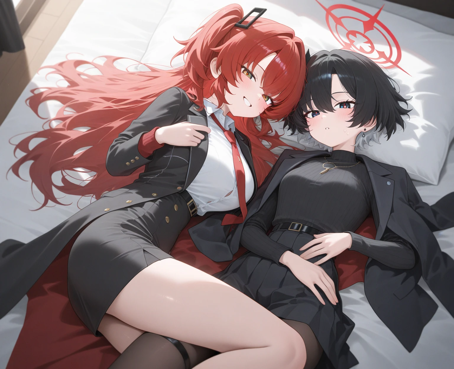 (Highest quality), (masterpiece), highly detailed, Ultra-high resolution, 2 women, Mature Woman, Kosaka sleeping side by side, close together_Tamaki Sisters, On the left side of the bed, Kosaka was in a beige suit with her showing, a tight skirt, and pantyhose, with her legs spread, and was asleep without noticing while I inserted my penis into her and had sex with her._With my penis inserted in Tamaki, Kosaka was asleep next to me with her legs spread apart in a light pink suit, miniskirt and pantyhose._Tamaki is urinating, whole body, Eyes that are uniform in shape, Sleeping with both eyes closed, Red Hair, She has a full head of pubic hair, Beautiful Vagina, White semen is spilling out from the gap between her vagina and my penis inserted in her vagina., A small cross-section of a uterus with a penis expelling semen in the background,