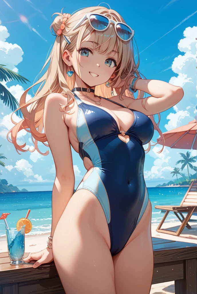 masterpiece,best quality,
1girl,solo,large breasts, marierose,blue one-piece swimsuit, standing,cowboy shot,
water,sand,sea,wet,