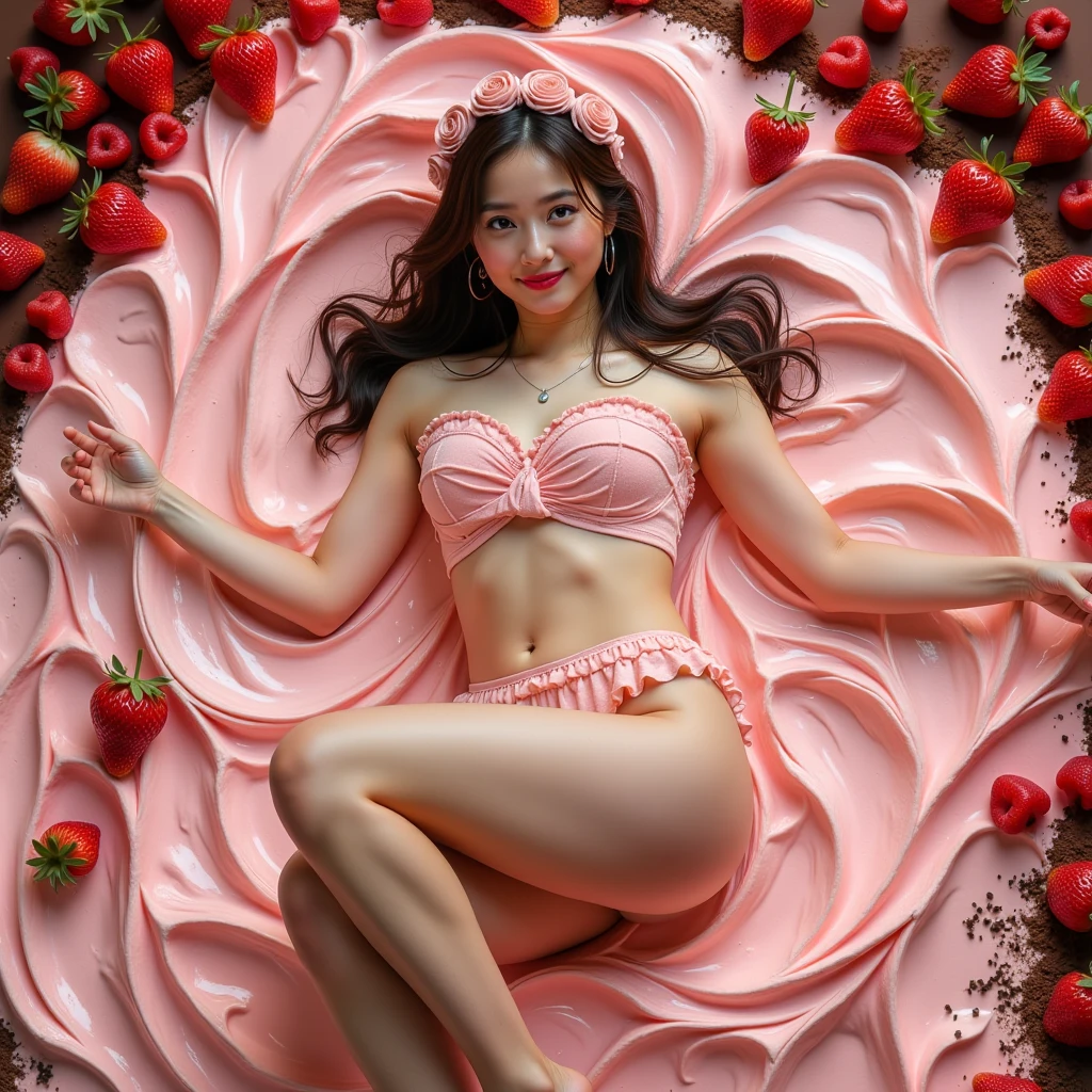 Photorealism ultra realistic attractive Chinese woman from the front with big breasts and big ass and with pink thigh-high stockings standing 8k with strawberry and whipped cream on her breasts and crotch