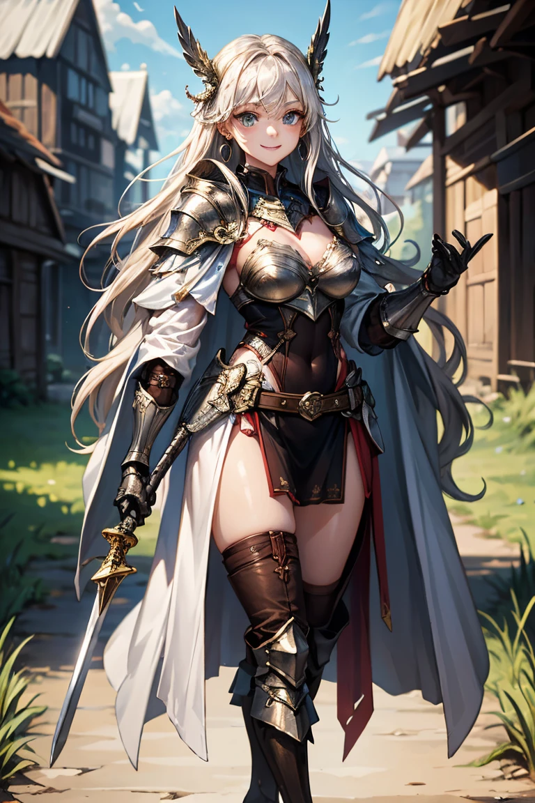 ((masterpiece, best quality)), 1girl, ((mature female)), (medium breasts), ((wearing armour)), cleavage, curvy, thick thighs, fantasy, wide hips, thin waist, midriff, beautiful detailed gothic black corset, thigh strap, boots, ((sword)), standing, outdoor, at the castle, adventurer