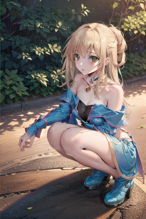 The shy face turned red, and the girl squatted with her legs open and lifted her skirt to reveal her panties