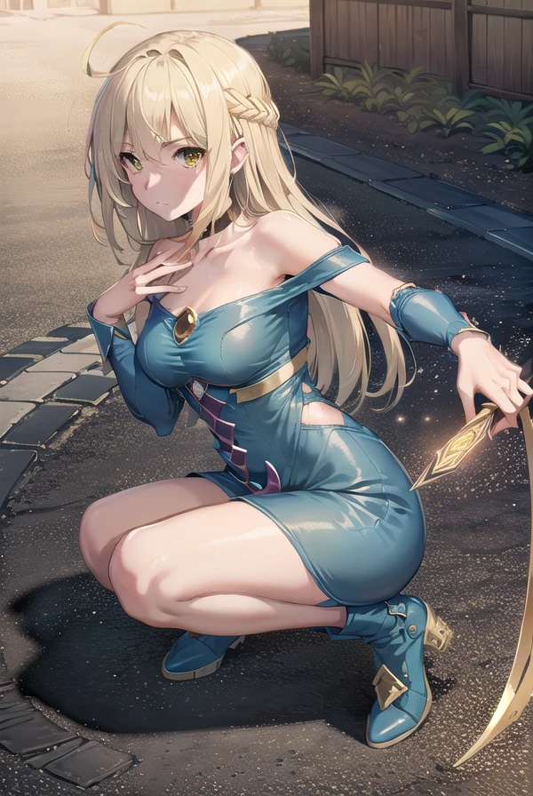Yu-Gi-Oh Black Wizard Girl,Dark Magician Girl, dark magical girl, blonde hair, collar, (green eyes:1.5), long hair, rest bare shoulders, blue footwear, blush, blush stickers, split, clavicle, duel monsters, have, Off the shoulders, five-pointed star, wizard have, (blue clothes:1.5), rest looking at viewer, rest outdoors, City, rest (masterpiece:1.2), best quality, high resolution, unified 8k wallpaper, (illustration:0.8), (Beautiful and delicate eyes:1.6), extremely detailed face, perfect lighting, Extremely detailed CG, (perfect hands, perfect anatomy),