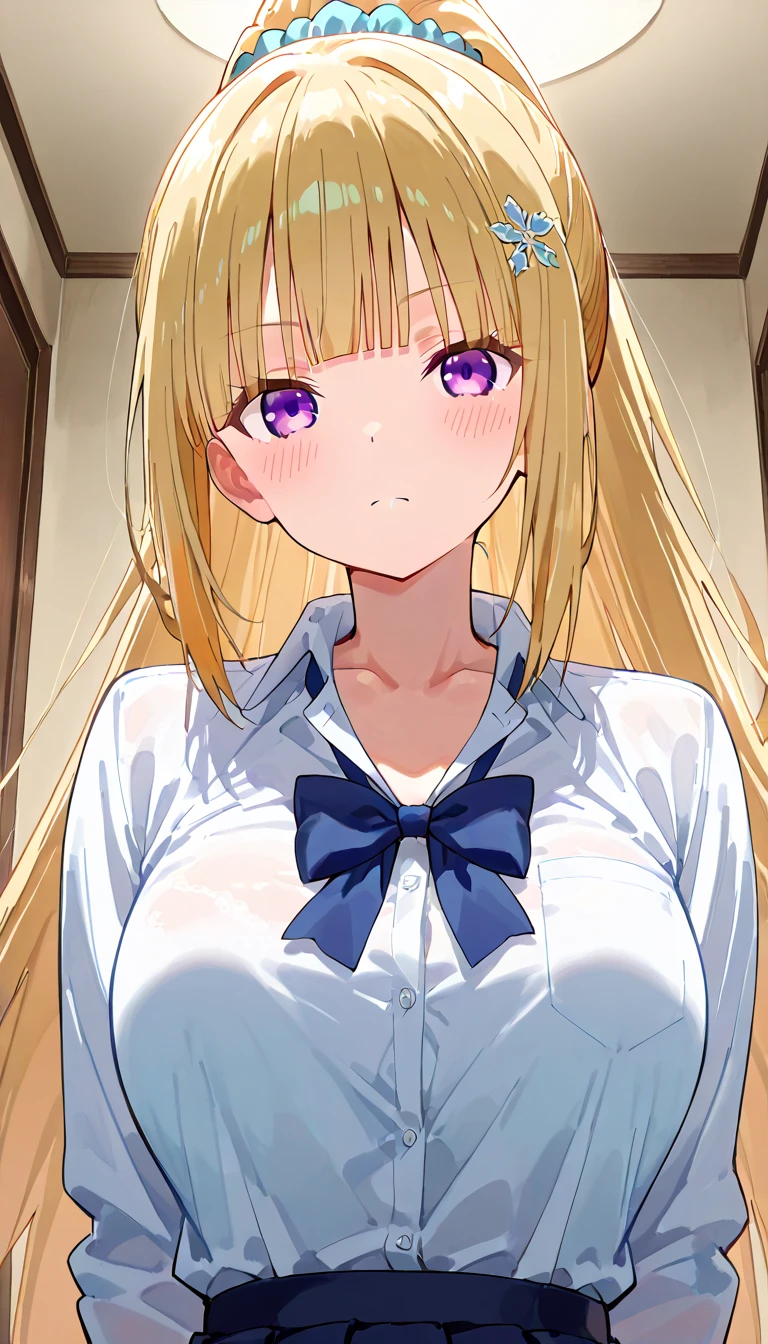 (masterpiece:1.2), best quality, high resolution, unity 8k wallpaper, (illustration:0.8), (beautiful detailed face:1.2, beautiful detailed eyes:1.2), perfect lighting, extremely detailed CG, (perfect hands, perfect anatomy),
Cute, beautiful, charming lady, shiny hair, lustrous skin, beautiful light big eyes,
milf, married woman, soft With a gentle appearance and a gentle mother-like atmosphere,
Feminine style, beautiful kubire, beautiful, naughty face,
erina_a, blonde hair, long hair, large breasts, hair between eyes, red ribbon tie, , tootsuki , skirt, plaid skirt, thighhighs, black thighhighs,