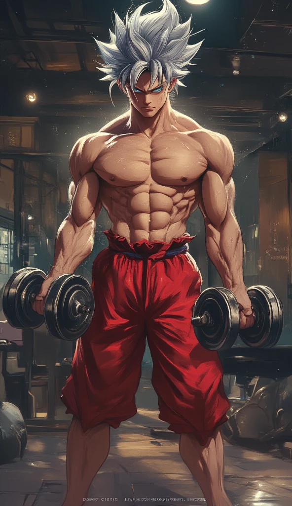 Robust athlete man, upper body revealed, legs uncovered from thighs to feet, bearded with beaded accents, flowing long curls, meticulous muscle definition, lifelike representation, 4K quality. Background: Gymnasium with weights and exercise equipment.,32k uhd, best quality, masterpiece, super detail, high details