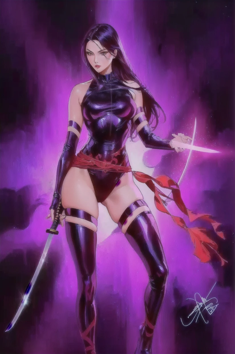 Japanese Ninja woman, seductive cyberpunk dark fantasy, gigantic breasts, cleavage, beautiful face, beautiful body, beautiful eyes nose lips, alluring expression, full body photo, standing legs apart(well defined pubic hair:1.4)), (dark plain black background:1.4))