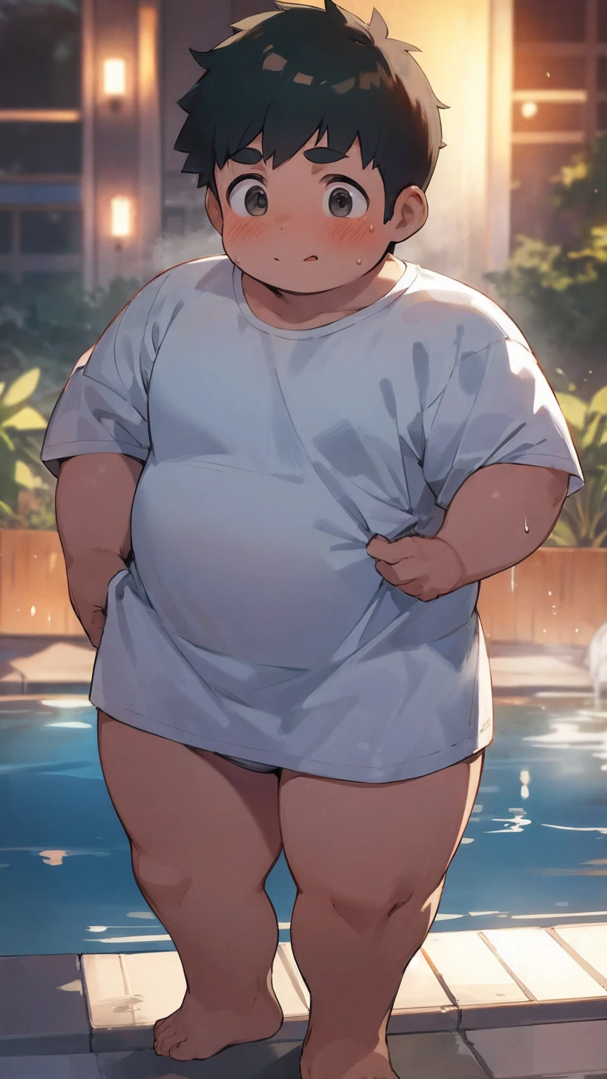 beautiful, chubby, (very short hair),pudgy face, (naughty) (high school students),((young)), (androgynous), (boyish), (handsome), thick, (shota), overweight, (beefy), (nipples), (cute), (little brat), (naughty brat), (へそ), (ぽっちゃりした体), big belly, (汗ばんだ体), (臭そうな体),
